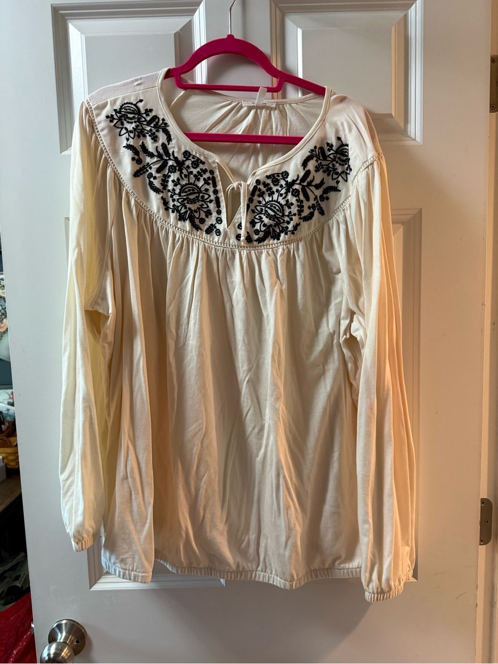 Maurices Cream Long-Sleeve Tunic with Black Floral Embroidery